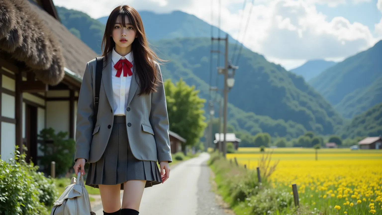 ultra-realistic, photorealistic, dramatic scene, global-illumination, Japanese high school student girl, fragile Japanese girl, boyish cool face with sporty atmosphere, (very large breasts), slim waist, (wearing a gray colored Japanese high school cute uniform of white shirt with blazer and skirt, red ribbon), (full body shot), (shoot from side), she is holding a backpack in front of her, adorable large cat is hiding in the backpack and peeking its face, (very large breasts), (She is walking in front of the antique Japanese farmhouse, her steps slow and deliberate as she takes in the serene surroundings), The farmhouse stands with a dignified presence, its thatched roof and wooden beams weathered by time, there are some trees and various flower field, amazing view of the mountains and flowers, Around the farmhouse the countryside stretches out in a patchwork of rice fields and wildflowers
