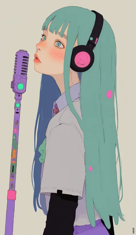 profile、long teal hair with flowing strands and pink accents, stand stylishly in twin tails. black and pink headphones are placed on the head. light It is characterized by wearing gray clothes. A collared shirt with buttons and a teal tie. There are black ...