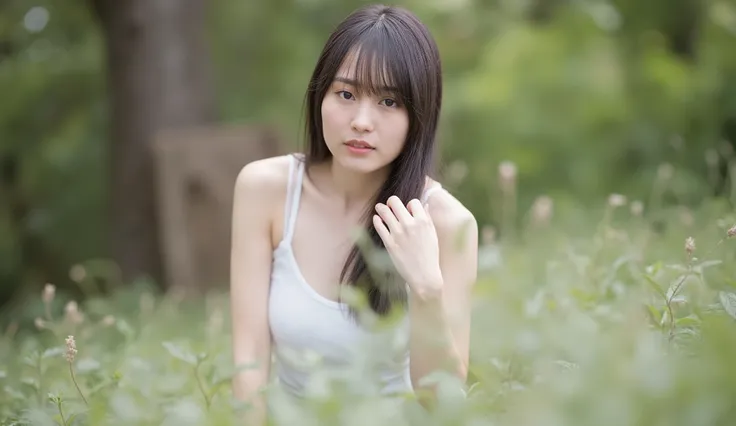 1 girl, I'm wearing a tank top with thin straps, RAW photos , Highest Quality, Very Detailed, Ultra Details, high resolution, A slender body, long hair, Natural Breasts, is sitting, fair-skinned Japanese girl.