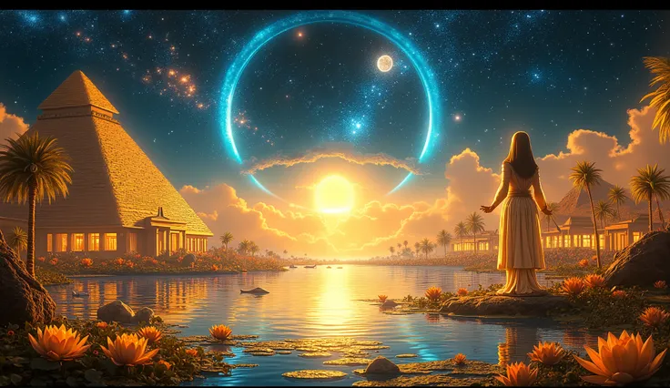 epic fantasy scene of Osiris and the goddess Sirius (Isis) during the heliacal rising, ancient Egyptian sacred landscape at dawn, Isis glowing as the star Sirius above the Nile, Osiris in divine garb with arms raised in reverence, flooding river, papyrus, ...