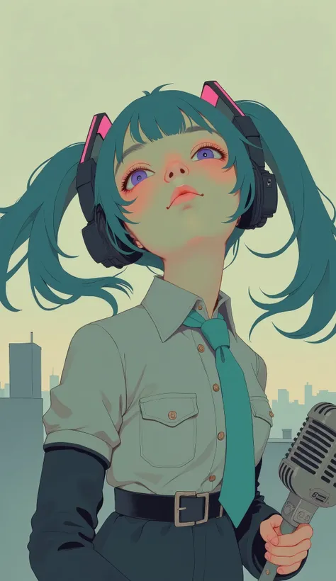 profile、long teal hair with flowing strands and pink accents, stand stylishly in twin tails. black and pink headphones are placed on the head. and features light gray clothing Collared shirt with buttons and teal ties. There are black arm sleeves. The pose...