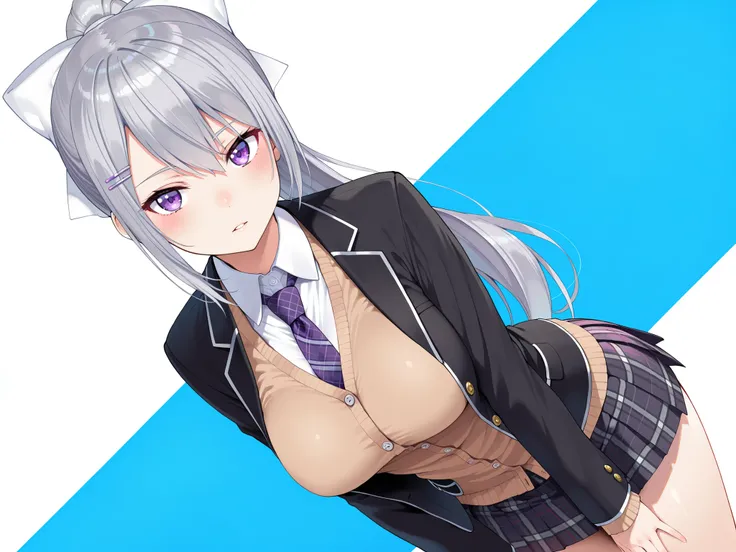 masterpiece,best quality, amazing quality, highres, absurdres, very aesthetic, high resolution, ultra detailed, perfect details,nijikaede,large breasts,purple eye,grey hair,long eyelashes,long hair,ponytail,white bow,hair pin,nijikaedecos,white shirt,purpl...