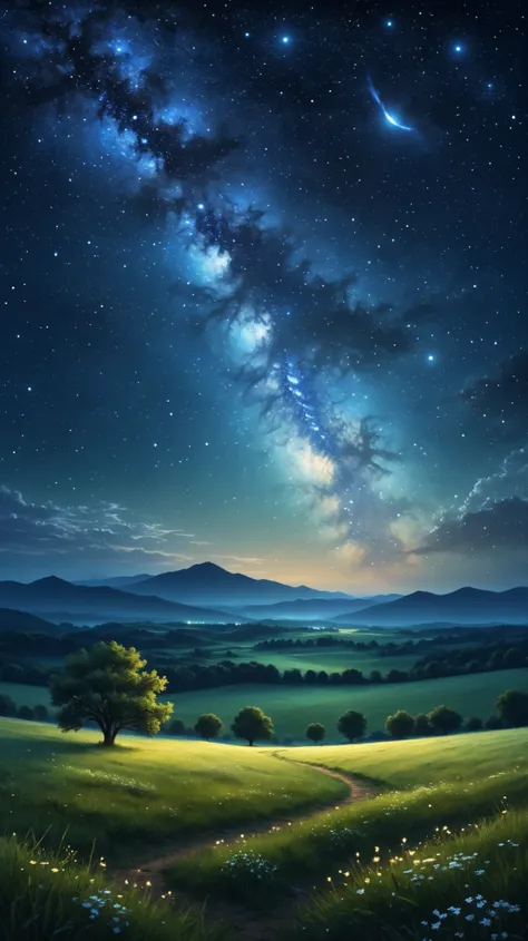 open field under starry night sky, glowing stars and galaxy, peaceful night landscape, digital art, calm and quiet mood"