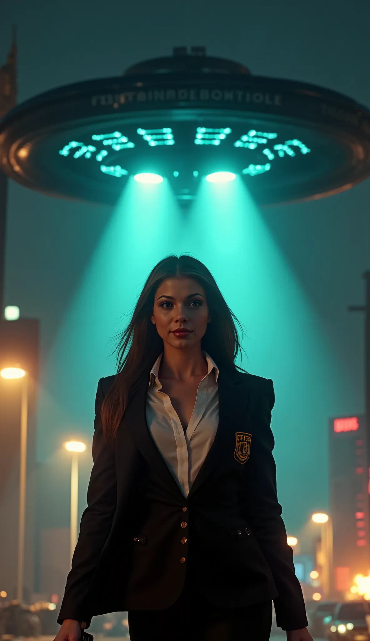 (low-angle perspective:1.6), (medium-shot:1.8), fearless FBI agent in black suit (voluptuous cleavage, white V-neck blouse), official FBI logo patch on the left chest, gripping an iPhone 15 Pro Max and tactical flashlight, the flashlight is on,intense eye ...