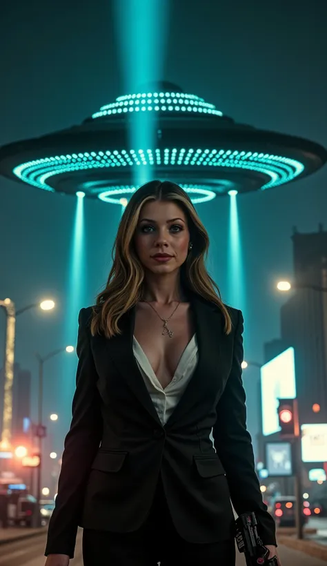 (low-angle perspective:1.6), (medium-shot:1.8), fearless FBI agent in black suit (voluptuous cleavage, white V-neck blouse), official FBI logo patch on the left chest, gripping an iPhone 15 Pro Max and tactical flashlight, the flashlight is on,intense eye ...
