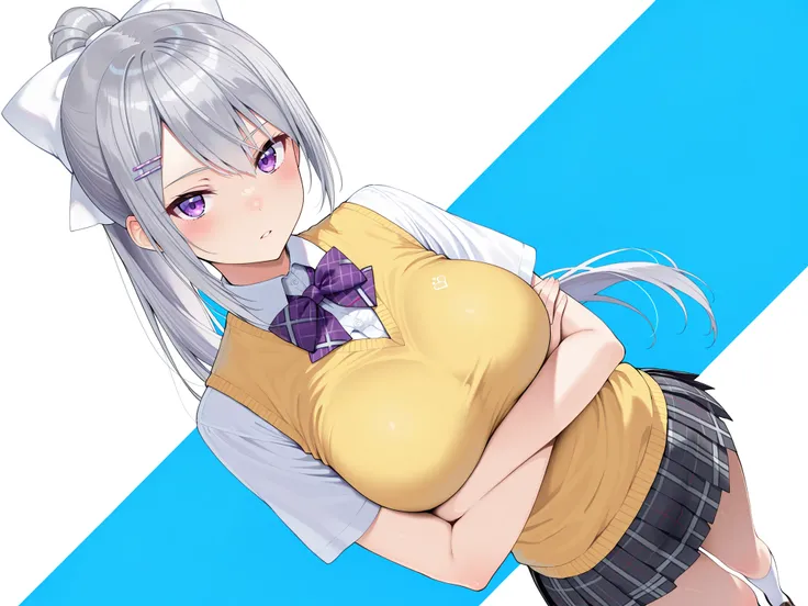 masterpiece,best quality, amazing quality, highres, absurdres, very aesthetic, high resolution, ultra detailed, perfect details,nijikaede,purple eye,grey hair,long eyelashes,long hair,ponytail,white bow,hair pin,nijikaedecos,white shirt,collared shirt,shor...