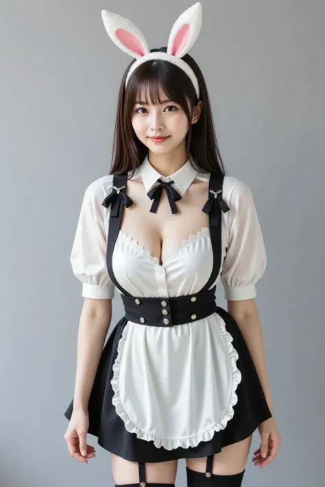 firm and big breasts, cleavage, medium-framed portrait shot from mid-thigh up of a realistic adult woman with head fully in frame, standing against a smooth light gray gradient seamless studio backdrop, wearing a classic black and white maid uniform ensemb...