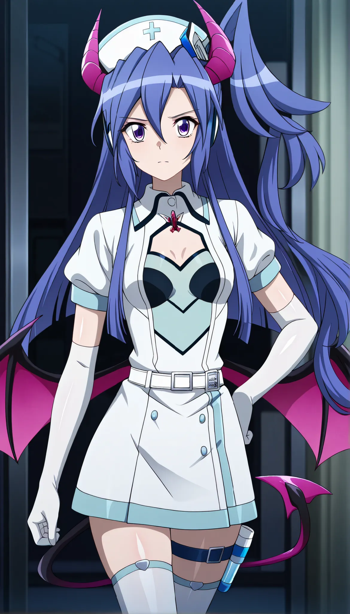 masterpiece, best quality, amazing quality, very aesthetic, absurdres, newest,shiny skin, anime screenshot, anime coloring senki zesshou symphogear, Kazanari Tsubasa,  blue_hair purple eyes,  one side up, ruanyi0835,belt,cleavage cutout,demon horns,demon t...