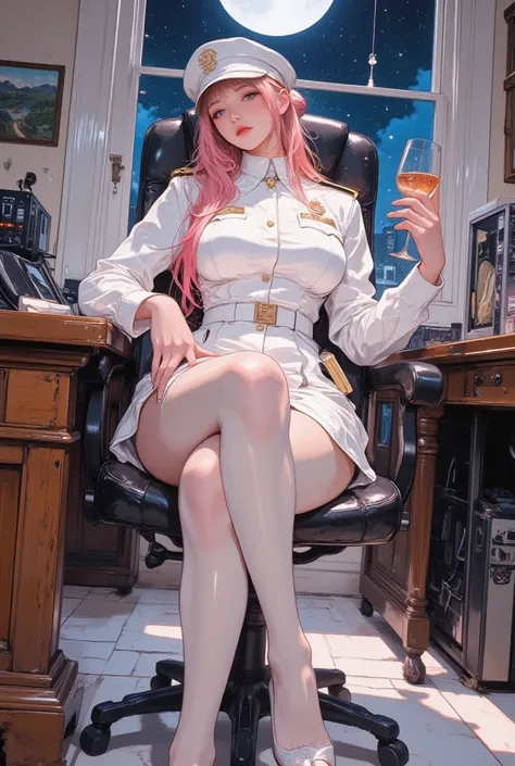 
(1 girl, solo, long hair tied back in a bun, doup, bangs, white and pink gradient hair, blue eyes, eyes half closed, staring at viewer, parted lips, Orgasmic face, middle breasts, wide hips, big thighs, curvy, athletic body, detailed face and eyes, slim body beauty, Sexy young girl, Detailed face), (A female police officer sits in a chair with her feet on a desk. White police cap, wearing a fitted white uniform with golden epaulets, white lace panties, white pleated skirt, wide belt, white stockings, and high heels. nipple-outline, beautiful curvy body, Dutch angle, oiled skin, wet skin), (Subject photographed from above at an angle, perspective, soles of feet: 1.3), 
(detailed background drawing, beautiful full moon, night, gentle breeze, fantasy art, brief respite, amazing), 