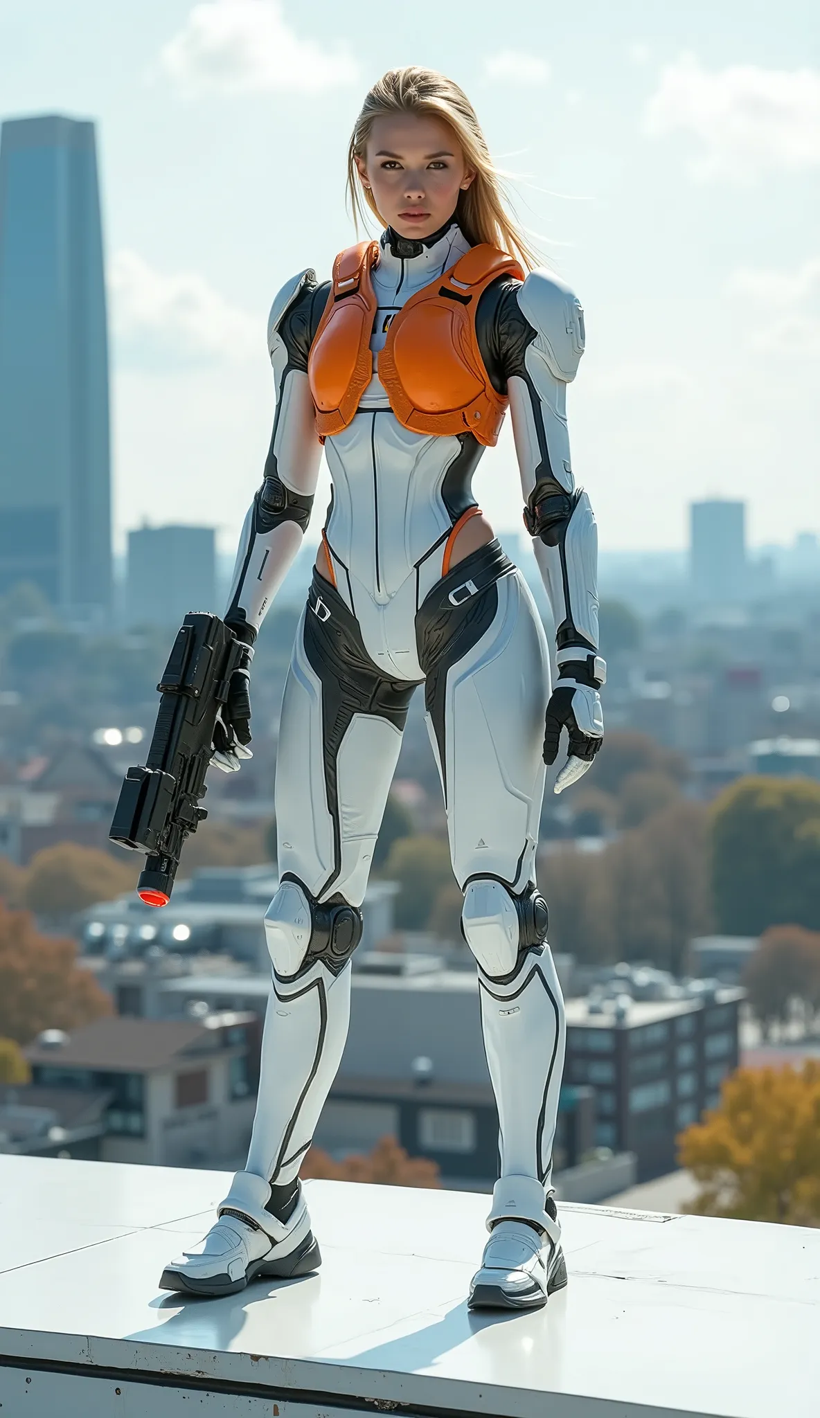High-definition images、a combination of a perfect body and future technology、stands on the roof of a bright laboratory overlooking Brussels、（In combat action）Over Technology、wearing a white armor suit and orange bulletproof vest、a girl who shoots a laser gun、a girl who is smarter than a human、looking at camera、fights after the free world、and wishes the newest generation of girlfriends to follow the free world、A European transhumanist girl