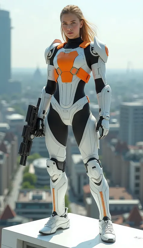 High-definition images、a combination of a perfect body and future technology、stands on the roof of a bright laboratory overlooking Brussels、（In combat action）Over Technology、wearing a white armor suit and orange bulletproof vest、a girl who shoots a laser gun、a girl who is smarter than a human、looking at camera、fights after the free world、and wishes the newest generation of girlfriends to follow the free world、A European transhumanist girl