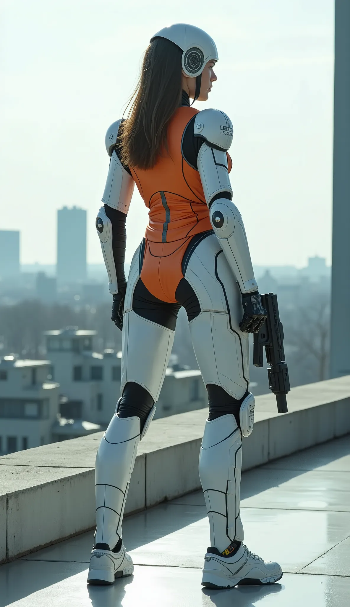 highdefinition images、a combination of perfect body and future technology、standing on the roof of a bright laboratory overlooking Brussels、Over Technology、in a white armored suit and orange bulletproof vest、That girl shoots laser guns and、is smarter than h...