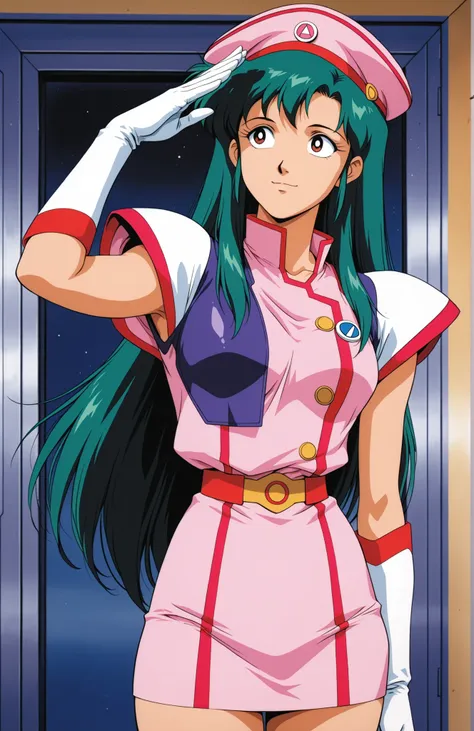 Time Gal with long green hair, standing at attention, saluting, in uniform, in full view in a highly detailed anime style