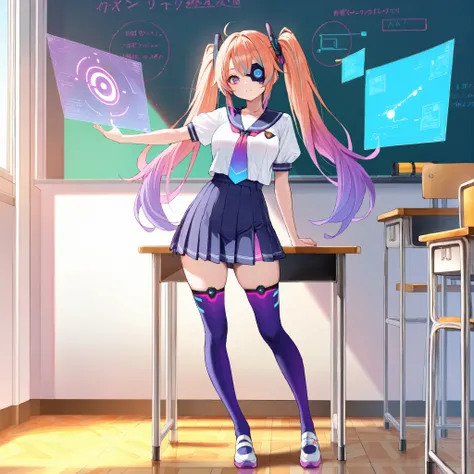 Masterpiece, best quality, ultra detailed, 1girl, solo, full body image, a beautiful girl, long hair, orange and purple gradient hair, twintails, wearing a futuristic but traditional style school uniform, neon highlights, thigh highs, CyberpunkDetails, tec...