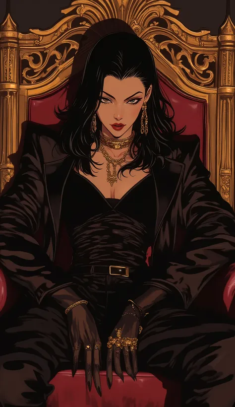 Gangster girl with provocative expression wearing a gold-plated accessory jacket on her wrist sitting on a throne