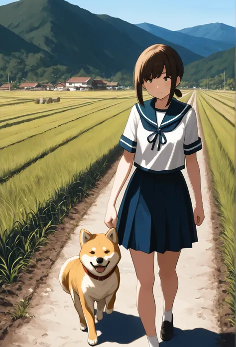 masterpiece,fubukiKC, low ponytail, short ponytail,blue skirt, school uniform,serafuku, sailor collar,shibafu_style,Girl walking Shiba Inu,Exquisite face, clearly,score_9,score_8_up,score_7_up, anime style,rural landscape、blue sky,Highest Quality,vibrant,d...