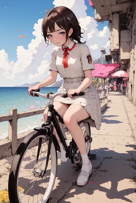 (((Low-angle viewpoint))), (((Macro))), close up shot : 1.8, Riding a bicycle, A female student sweating as she pedals her bicycle along a seaside road on a hot summer day. 1girl, blushing, smile, high resolution, solo, beautiful Japanese high school girl,...
