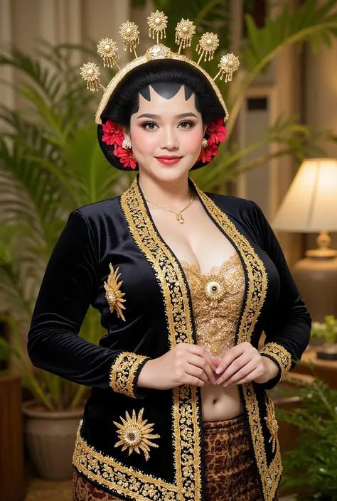 Bbw womwn chubby in kebaya dress, open breast full body