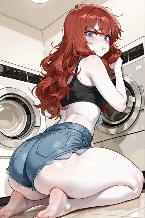 1girl, caucasian with pale skin and soft body, short stature. thick thighs and wide butt. Has blue eyes, copper-red curly long hair, freckles on face, freckles on shoulders, freckles on butt. Wearing denim shorts, crop top. (angry, grumpy, pouty expression...