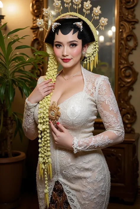 Bbw womwn chubby in kebaya dress, open breast full body