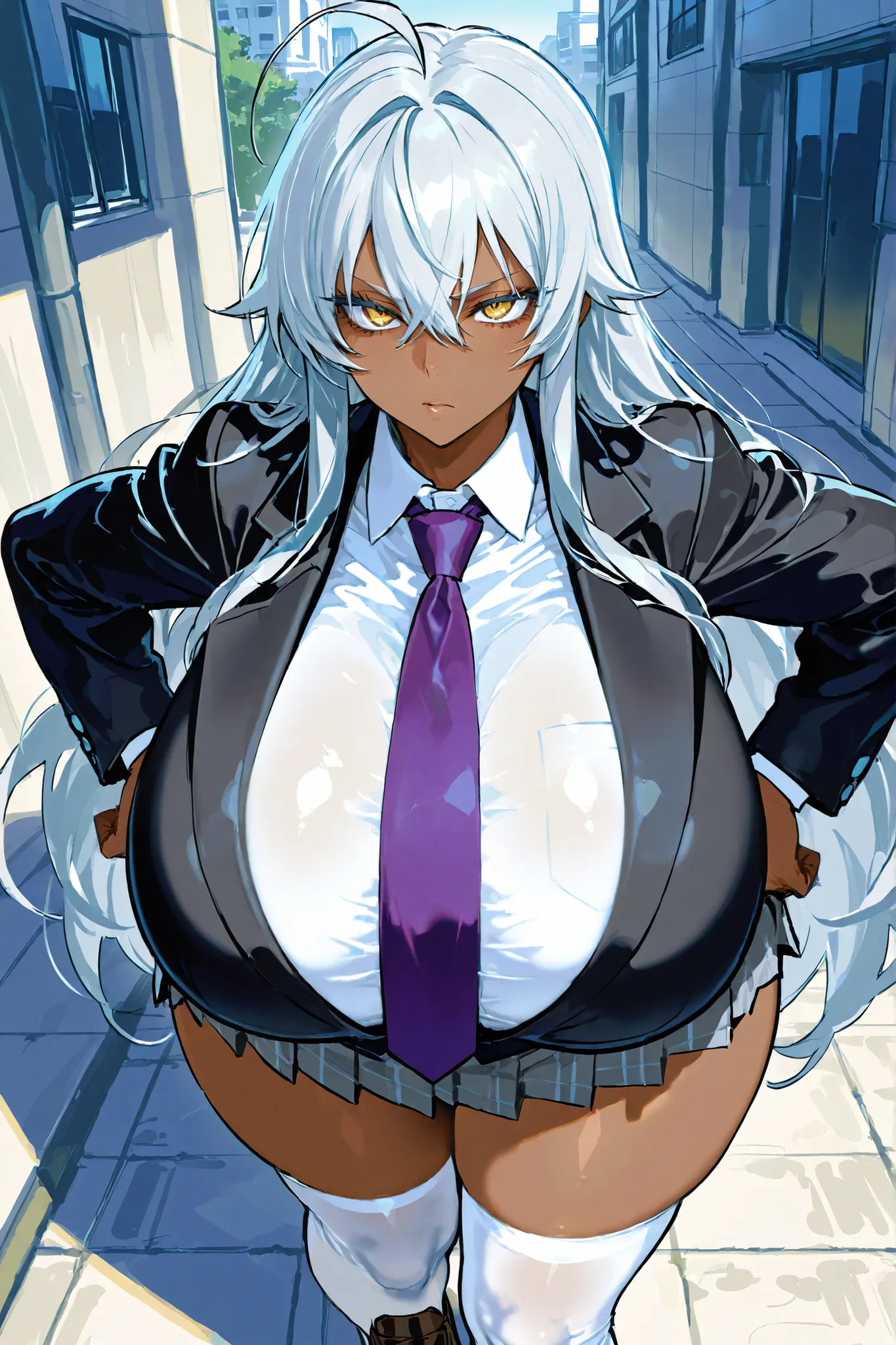 (((best quality))), ((ultra-detailed)), (illustration), ((an extremely delicate and beautiful)),(background:Outside the concrete school building),1 woman,solo,(Serious expression),(gleaming skin),(white shirt),(black blazer)(Purple tie),(Grey Skirt),(White...