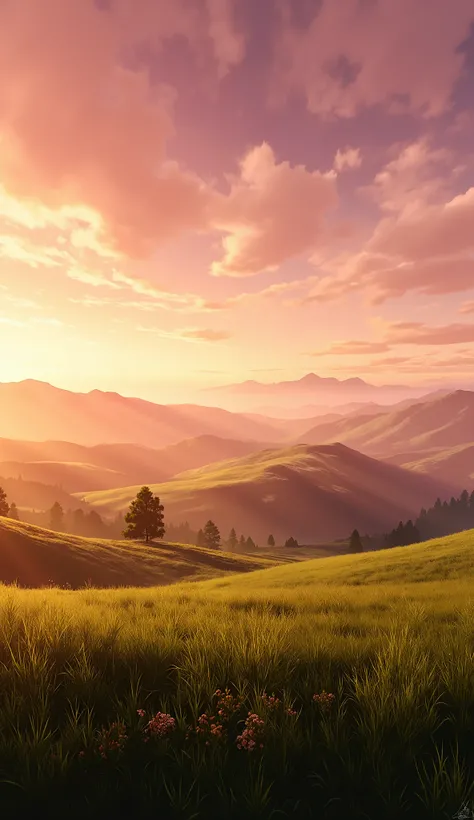 "a vast panoramic landscape at golden hour, with rolling hills fading into the distance, a wide open field of tall grass gently swaying in the wind, distant mountains under a soft orange-pink sky, light rays breaking through scattered clouds, subtle atmosp...