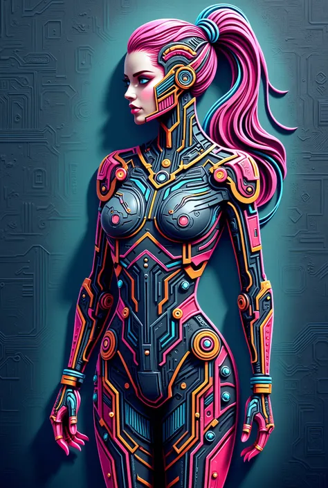 (obra-prima:1.2),(Highest quality),(theme super detailed),(ultra high resolution),(best illustrations),8k,Wallpaper,Beautiful female cyborg,full body,psychedelic,vector art,layered textures,progressivo,estouro,science fiction,cyberpunk,super sexy:2.0