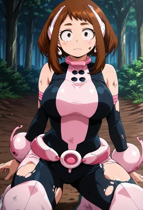 official style, anime screencap, uraraka ochako, 1girl, brown hair, brown eyes, solo, superhero, hero bodysuit, pink wrist guards, closed mouth, contrapposto, extra large breasts, (F65), looking at viewer, Kneeling on a mud-covered ground, It's raining hea...