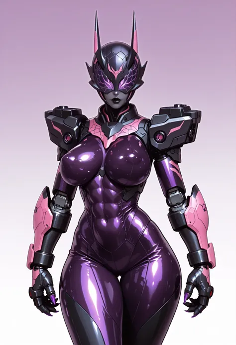 Robotic girl. Kamen Rider design lines. Biological machine. Graphite and purple image colors. Latex and metallic texture. Full face helmets. Hide eyes. Blindfold. Cracked pattern helmets. Stud costumes. Spiky. Devil horns. Black lips. Perky breasts. Abs. C...