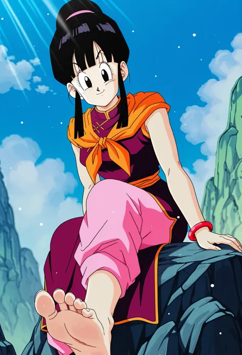 anime screencap , masterpiece , best quality , amazing quality , very aesthetic , absurdres , newest , (scenery , volumetric lighting) , dappled sunlight , light particles , light rays , official style , chi-chi , dbz , main outfit , bare arms , 1990s \(st...