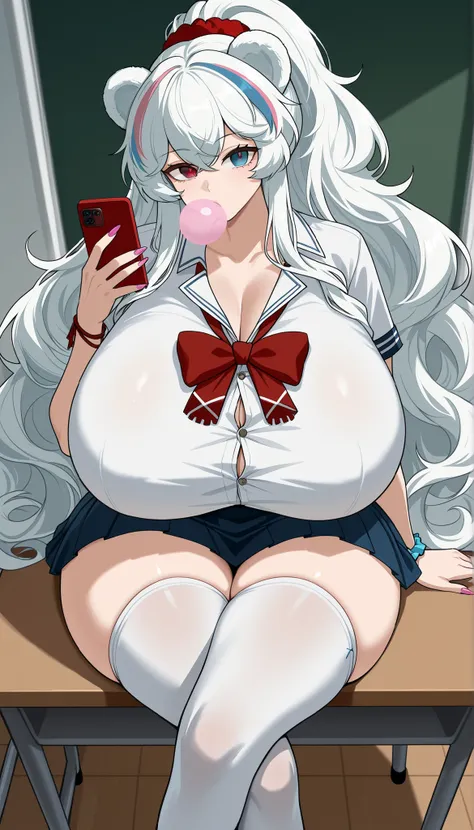 rosa_\(arknights\), heterochromia,red eye, blue eye,white hair ,streaked hair,bear ears,bear tail,long hair,wavy hair,ponytail,wavy ponytail, ,curvy,wide hips, thick highs, huge butt, huge breasts, (gigantic breasts1:8), sagging breasts, gyaru, schoolgirl ...