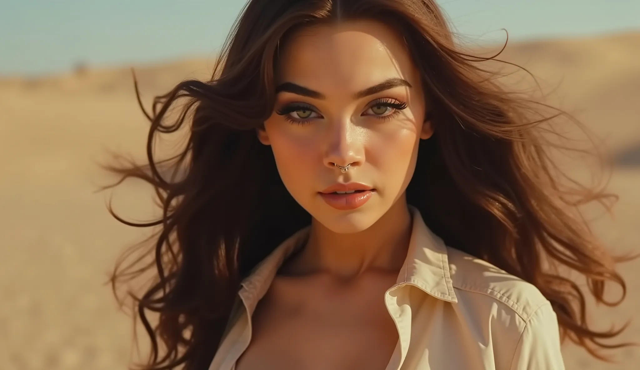 Camera: Medium close-up, slowly tilting up from her waist to reveal her face.
👀 Expression: Her eyes are deep and expressive, with confident yet seductive charm.
💃 Movement: She performs fluid arm movements, emphasizing her beauty and grace.
🌬️ Wind Effec...