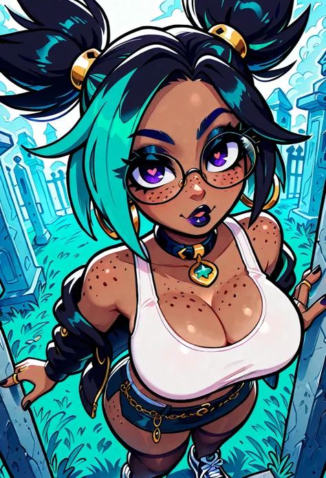 masterpiece, best quality, very aesthetic, absurdres, safe, (masterpiece), 1girl, solo, best quality, expressive eyes, perfect face, newest, perfect anatomy, flawless face, dark skinned African female with pigtails and glasses, hoop earrings, gold rings, o...
