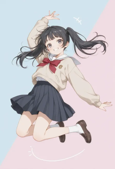 anime-style full-body illustration of a cheerful cute girl with long black hair tied into twin-tails, slightly messy ends, wearing a classic Japanese school uniform with a cozy beige cardigan reaching her hips, jumping in the air with one hand raised high ...