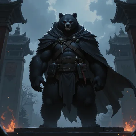 Half-Shadows and Half-Bear, Dark mythical god of shadows. Standing up. Dark shadow Bear. Dark fur. Dark cloak. Warrior Bear. Giga Bear.
Dark and cold colors. Mysterious ambiance. Subtle smerk smile. Temple and fire in the background. Black Evil eyes.