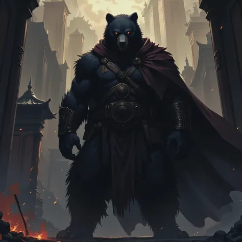 Half-Shadows and Half-Bear, Dark mythical god of shadows. Standing up. Dark shadow Bear. Dark fur. Dark cloak. Warrior Bear. Giga Bear.
Dark and cold colors. Mysterious ambiance. Subtle smerk smile. Temple and fire in the background. Black Evil eyes.