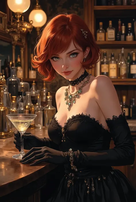 (Semi-realystic anime), (masterpiece), sitting at the bar, in a criminal setting, mysterious smile, short red hair, straight hair, martinis, perfect belly, depth of field, background blur, cinematic lighting, detailed night background, (beautiful and gent...