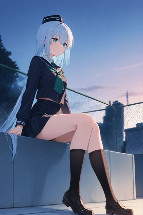 girl uniform night rooftop sing light blue hair straight