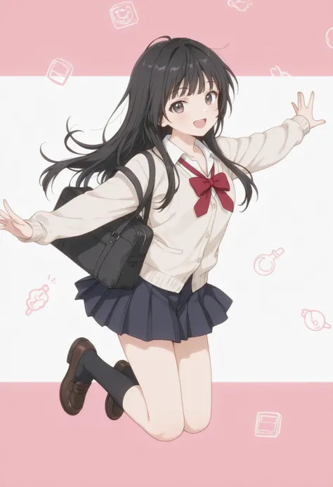 anime-style full-body illustration of a cute girl with long black hair, slightly messy ends, wearing a classic Japanese school uniform with a cozy beige cardigan reaching her hips, jumping forward energetically with both arms spread wide open, legs slightl...