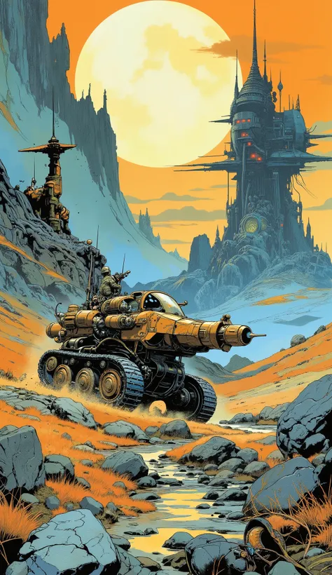 High Quality Masterpiece: 1.2) Masterpiece: Smooth textures, Roving Vehicle type vehicle, Sharp details (High Quality Masterpiece: 1.2) Roving Vehicle with tracks instead of wheels, Highly detailed animated illustration of a futuristic warrior, traveling o...