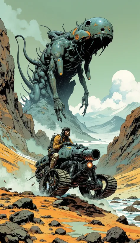 High Quality Masterpiece: 1.2) Masterpiece: Smooth textures, Roving Vehicle type vehicle, Sharp details (High Quality Masterpiece: 1.2) Roving Vehicle with tracks instead of wheels, Highly detailed animated illustration of a futuristic warrior, traveling o...