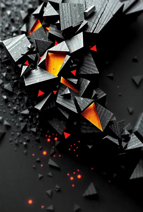 Experimental abstract digital art, style influenced by Qian Li, Cyberpunk theme. Representation of null syntax error: fractured geometric elements dissolving in a textural void or corrupted digital blackness. Hard highlights of red error/yellow embedded in...