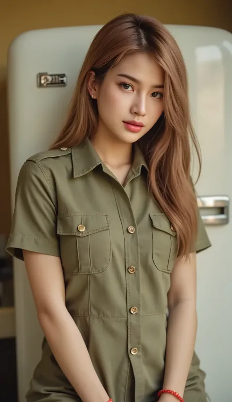 in American pop art style, Vintage features reminiscent of the 1960s, Sexy Thai women, parted lips, beautiful saggy big breasts,  , slightly twisted red-brown hair ,  Wearing a short red bracelet , Wearing a military uniform ,very realistic movie, standing...