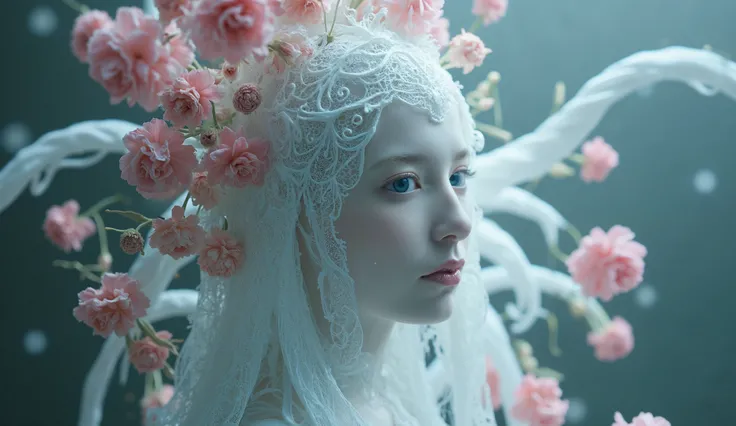 Gothic state of a female snowy creature in macro mode with an explosion of flowers against the backdrop of hallucinations