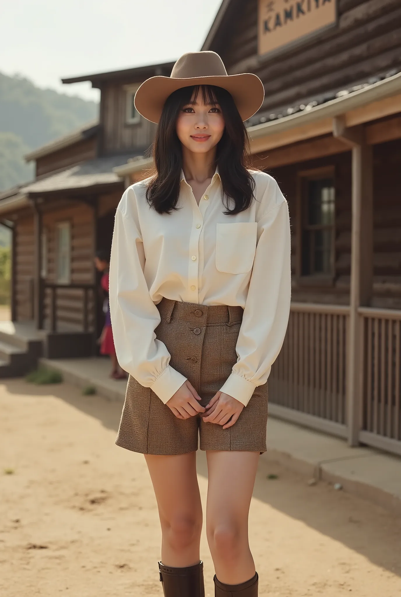 Create a portrait of a very beautiful Japanese singer with a slim physique, medium bust, and slender legs. She has medium-length hair and is dressed in a Western lady outfit. She is standing and posing with a smile in a Western film set.