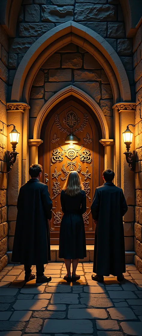 Vignette 2: The four Hogwart students find a hidden door with ancient symbols and slowly open it.