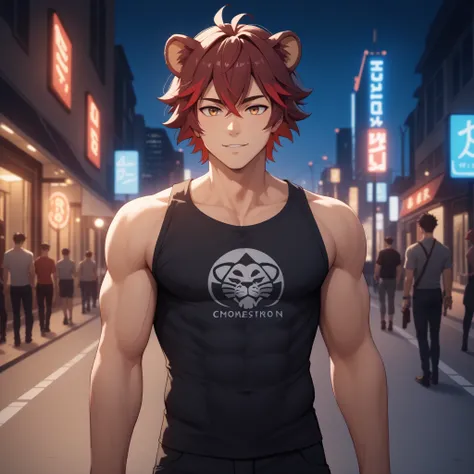  hombre apuesto demi-human tanuki, 24 years old, ( Male male) Dark Red Hair, ojos rojos, rounded lion ears,  athletic physique .  wear casual clothes.  walk down a city street , warm lighting highlights her skin and hair. anime style, high quality art, ult...