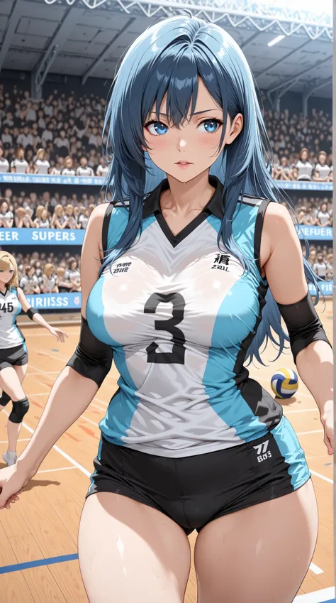((Best Quality)),( super high definition),(Super detailed),( detailed description ),((The best CG)),(masterpiece),(Beautiful blue eyes with irises、Wearing volleyball uniform,medium breast,curvy hips),semi realistic