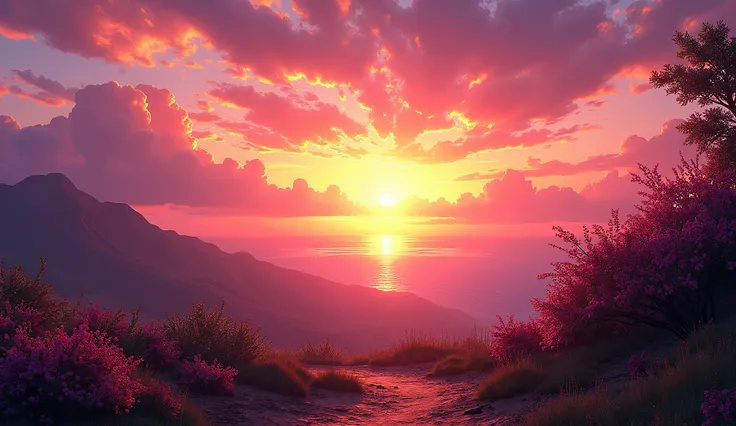 Captivating sunset scene,  vibrant and vivid colors , dazzling evening glow, picturesque panoramic view, meticulously captured with high-definition clarity and a touch of naturalistic style