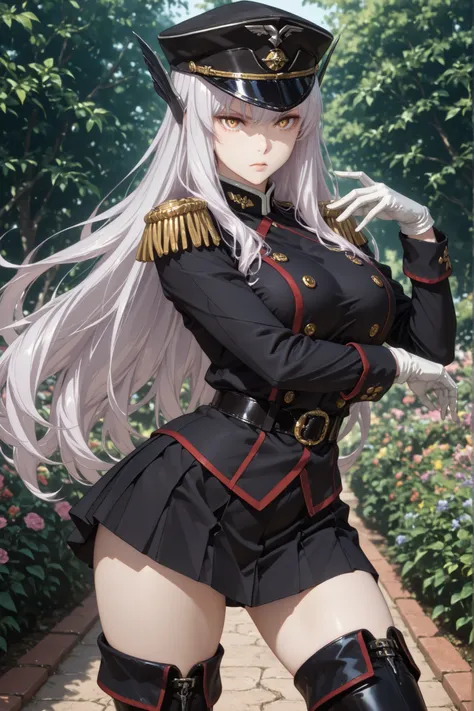1girl, Kyouka uzen, hair ornament, military cap, black military uniform, epaulets, skirt, belt, white gloves, thigh boots, standing in the garden, looking at the viewer, serious expression, sensual, attractive, beautiful, dynamic pose, dynamic pose, best q...